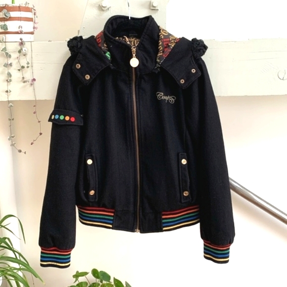 Coogi Black and Rainbow Bomber Jacket with Detachable Faux Fur  Hood - Picture 1 of 15